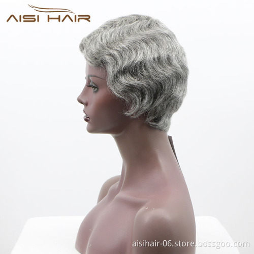 Aisi Hair Wholesale Short Pixie Cut Finger Wave 100% Unprocessed Gray Brazilian Hair For Black Women Human Hair Wigs